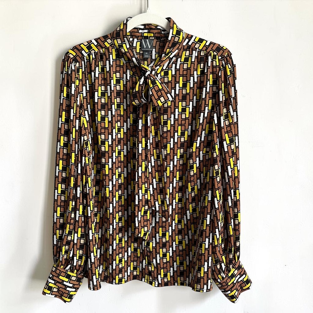 Vintage Retro Mod Blouse Women's XL Tan Black 70s Office Feminine Tie Bow Top
